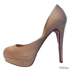 CHRISTIAN LOUBOUTIN Eugenie Beige Satin & Suede Swarovski Platform Pumps SZ 38